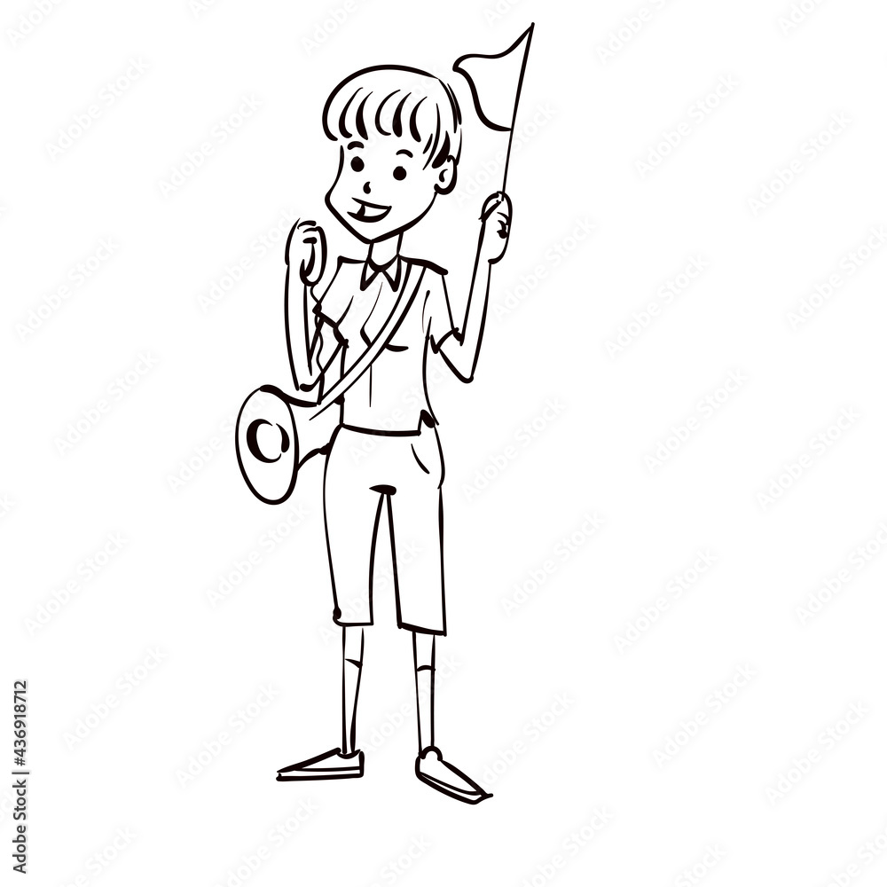 The tourist guide with a megaphone conducts a tour. Hand drawn cartoon vector illustration The tourist guide with a megaphone conducts a tour. Hand drawn cartoon vector illustration