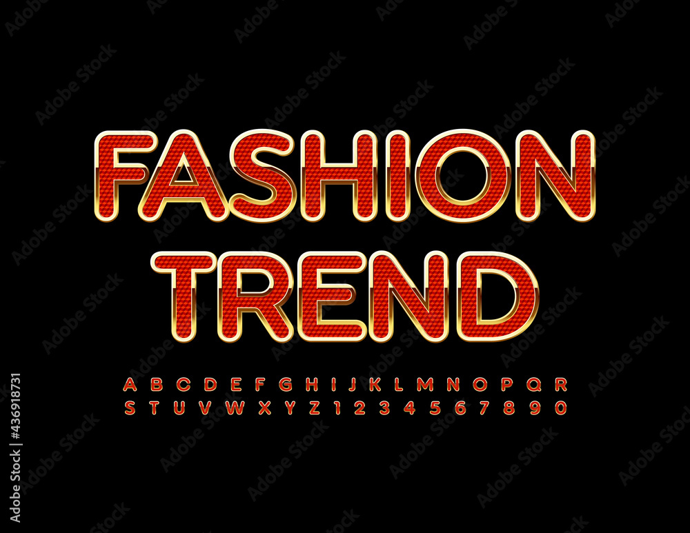 Vector glamour emblem Fashion Trend. Luxury Alphabet Letters and Numbers set. Gold and Red Elegant Font