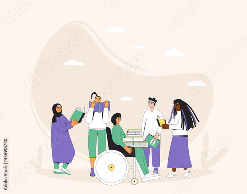 Young adult genre. Group of teenagers with books. Reading club meeting or swap, fair event. Literature fans. Books lovers.