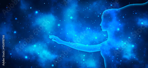 Female transparent profile silhouette with outstretched hand on a background of blue shining starry universe