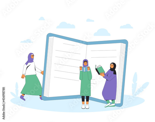 Young Muslim women with books. Coveres head female students reading books. Literature fans.