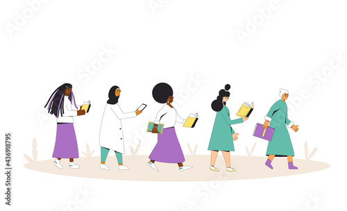 Women walking with books. Female literature fans. Different ages and multiethnic books lover.