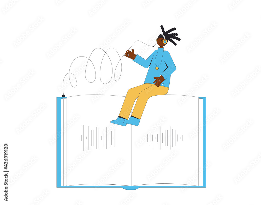 Young woman listening to audiobook. Concentrated female person sitting on a huge book with headphones. Vector illustration