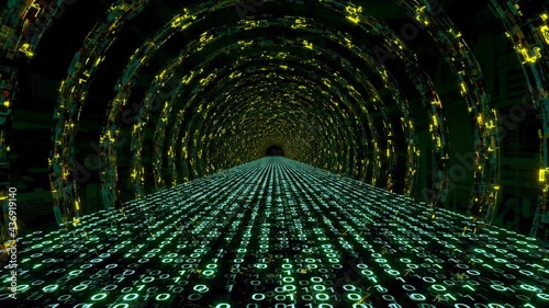 Tunnel of circular technology structures that slowly rotate around a floor composed by moving strips of light blue bits that change their status from 0 to 1 constantly as well as their light intensity