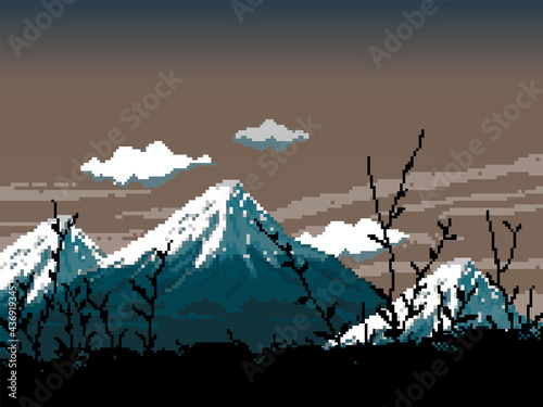 Pixel background with forest for games. Pixel art silhouette of forest and mountains. 8 bit Pixel art