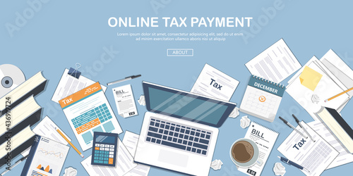 Online tax payment vector concept. State Government taxation, calculation of tax return. Tax form with paper documents, forms, calendar, laptop, calculator. Pay the bills, invoices, payrolls. 