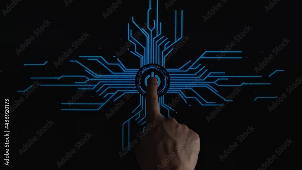 top view, Human Finger Pushes Touch Digital Power Button With Futuristic Artificial Intelligence Spreading Through Internet. Visualization Of Machine Learning, Computer Technology, Neural Network
