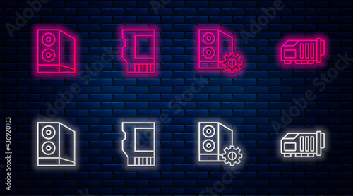 Set line SD card, Case of computer, and Video graphic. Glowing neon icon on brick wall. Vector