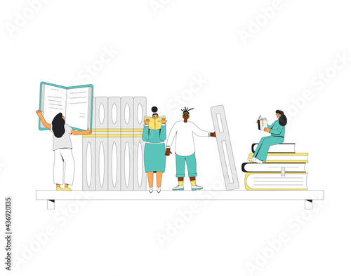 Tiny people with huge books on a shelf. Book fair, market, library, swap event. Literature fans. Rading lovers.