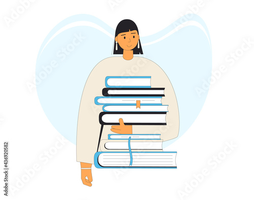 Teenage girl portrait with stack of books isolated on white background. Literature fan. Books lover. Young female student holding manual, schoolbook.