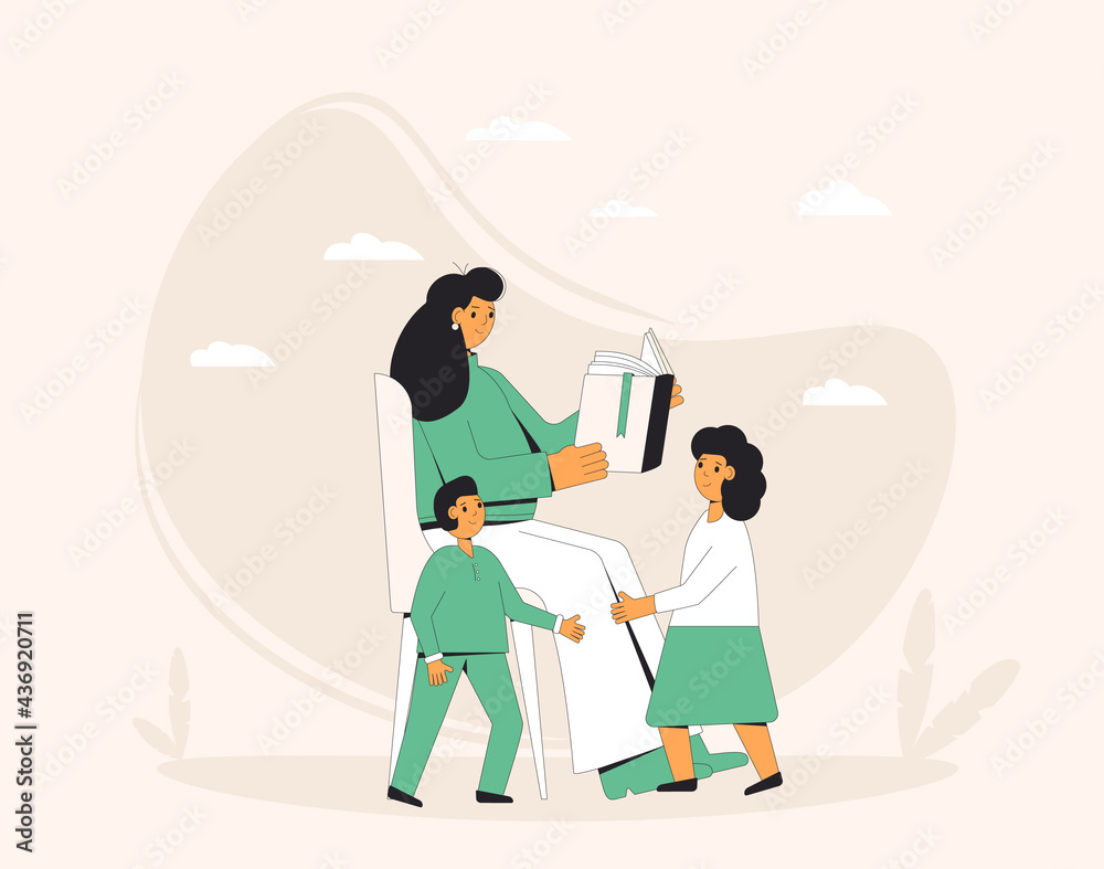 Mother reading a book for her children. Literature for children. Vector illustration. Mother reading a book for her children. Literature for children. Vector illustration.