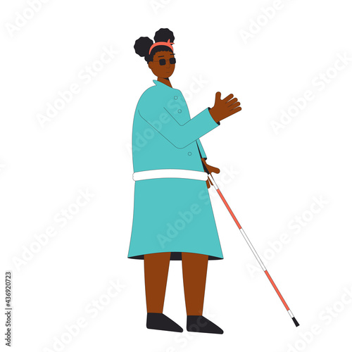 Blind young woman with stick. Girl with disability. Vector illustration