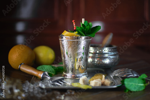 Mint Julep fresh whisky cocktail in silver cup photo