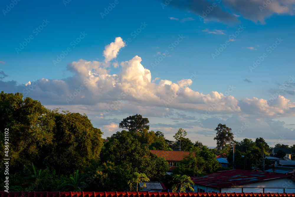 Sunny clear blue sky background with beautiful puffy fluffy clouds & soft white cloudscape in tropical summer or spring morning sunlight & sunshine day,blue sky, Landscape size