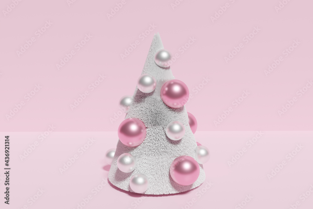 3d render of white artificial Christmas tree with pink and white baubles on a pastel pink background