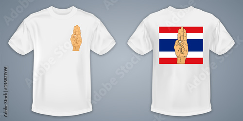 Three finger salute with thailand flag on white T-shirts isolated on dark grey background as design template. vector illustration.