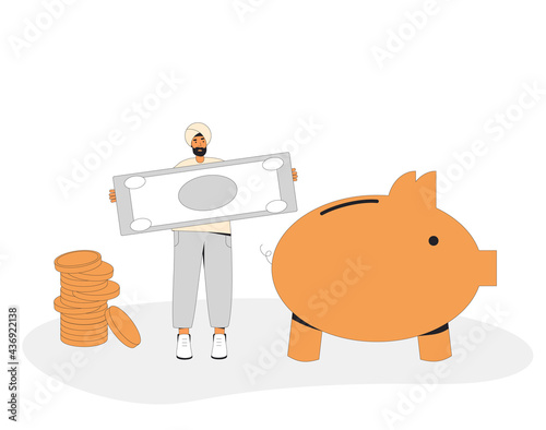 Saving money concept. Character with piggy bank. Male person with his salary income. Vector  line art illustration.