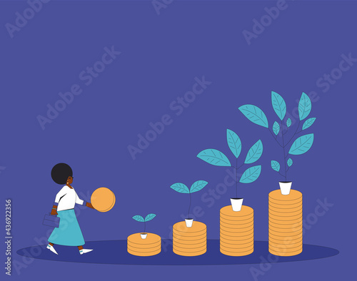 Investment return concept. Business growth. Young woman with money tree. Vector  line art illustration.