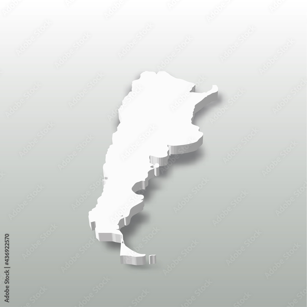 Obraz premium Argentina - white 3D silhouette map of country area with dropped shadow on grey background. Simple flat vector illustration.