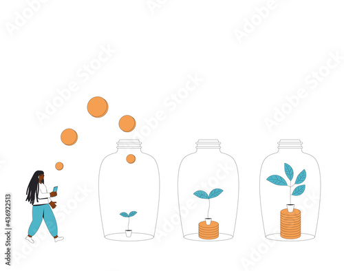 Investment return concept. Business growth. Young woman with money tree. Vector  line art illustration.
