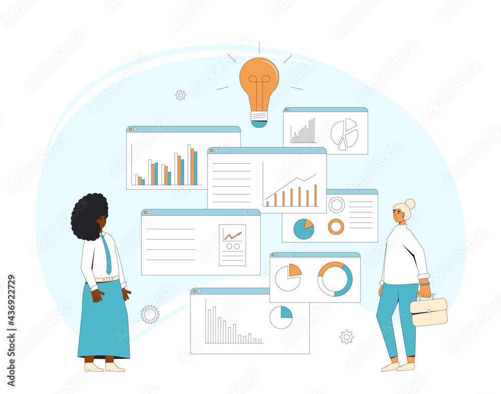 Business analysis concept. Managers with schemes and diagrams. Financial researchers. Vector line art illustration. Business analysis concept. Managers with schemes and diagrams. Financial researchers. Vector line art illustration.