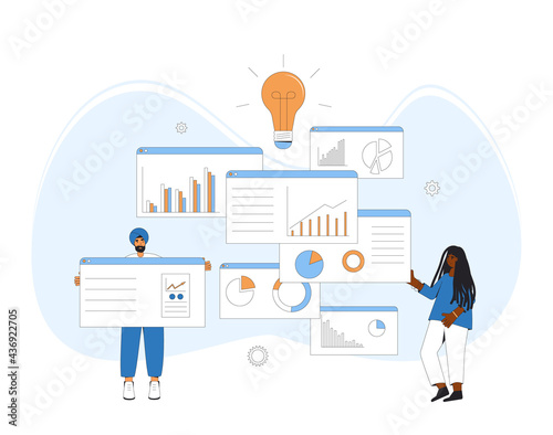 Data scientists. Business analyst concept. Characters with schemes and diagrams. Female and male financial researchers. Vector line art illustration.