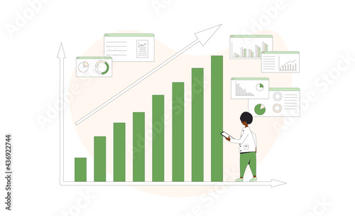 Investment concept. Young woman with stock market growing chart. Vector line art illustration.