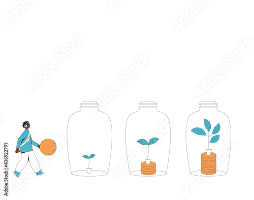 Investment return concept. Business growth. Young woman with money tree. Vector  line art illustration.