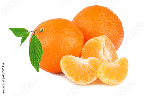 Tangerines with leaves isolated on a white background