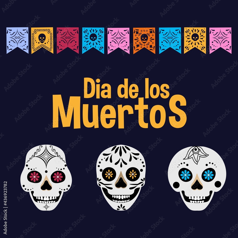Day of the dead flat style vector illustration. Dia de los Muertos traditional holiday design template with skulls and flags. Fiesta, holiday template for poster, banner, greeting card