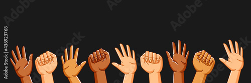 Illustration of hands with banner. Picket sign or protest placard with wooden stick on demonstration or protest.