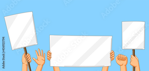 Illustration of hands with banners. Picket signs or protest placards on demonstration or protest.
