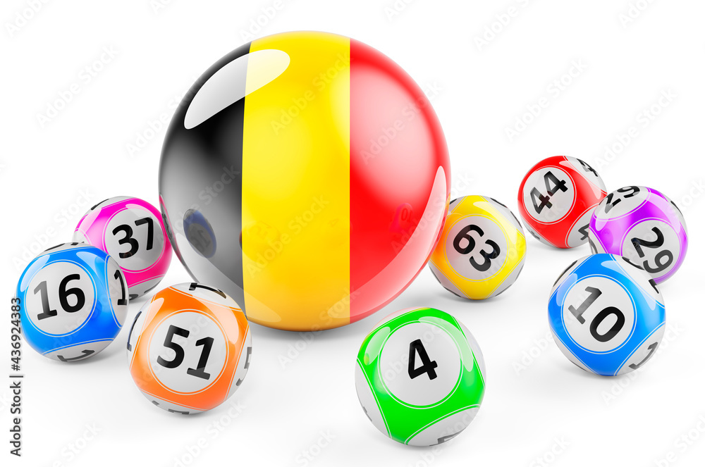 Lotto balls with Belgian flag. Lottery in Belgium concept, 3D rendering