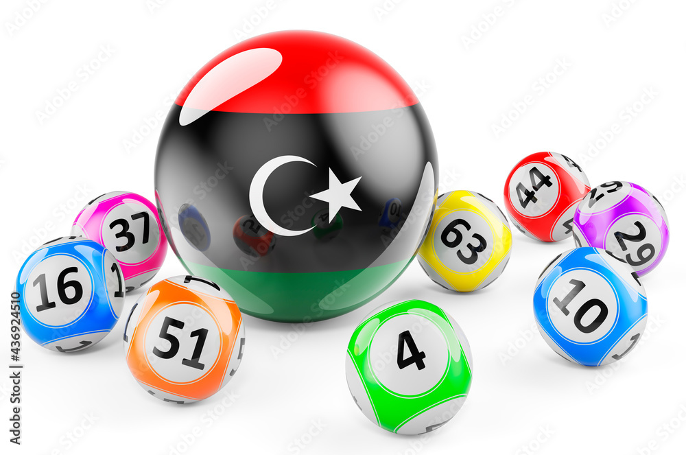 Lotto balls with Libyan flag. Lottery in Libya concept, 3D rendering Lotto balls with Libyan flag. Lottery in Libya concept, 3D rendering