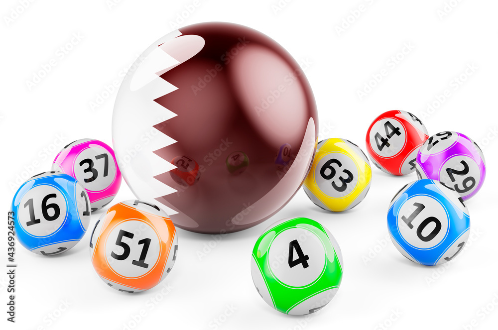 Lotto balls with Qatari flag. Lottery in Qatar concept, 3D rendering