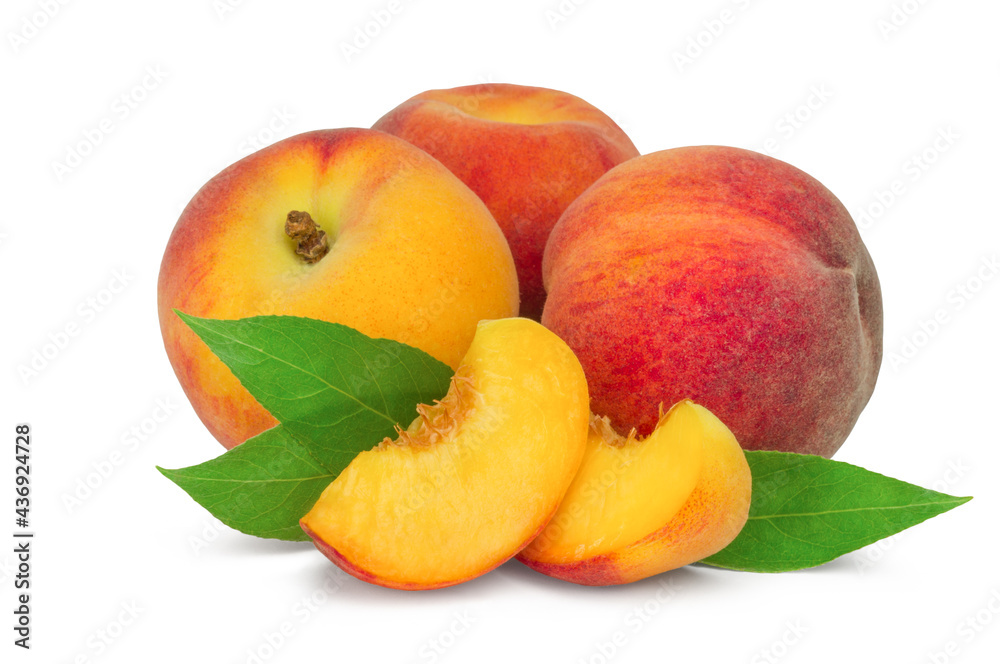 Ripe sweet peaches and slices isolated on white background. Fresh fruits. Ripe sweet peaches and slices isolated on white background. Fresh fruits.