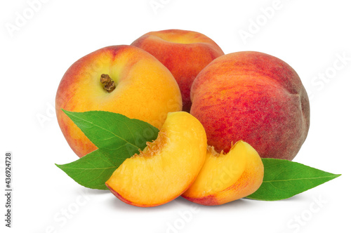 Ripe sweet peaches and slices isolated on white background. Fresh fruits.