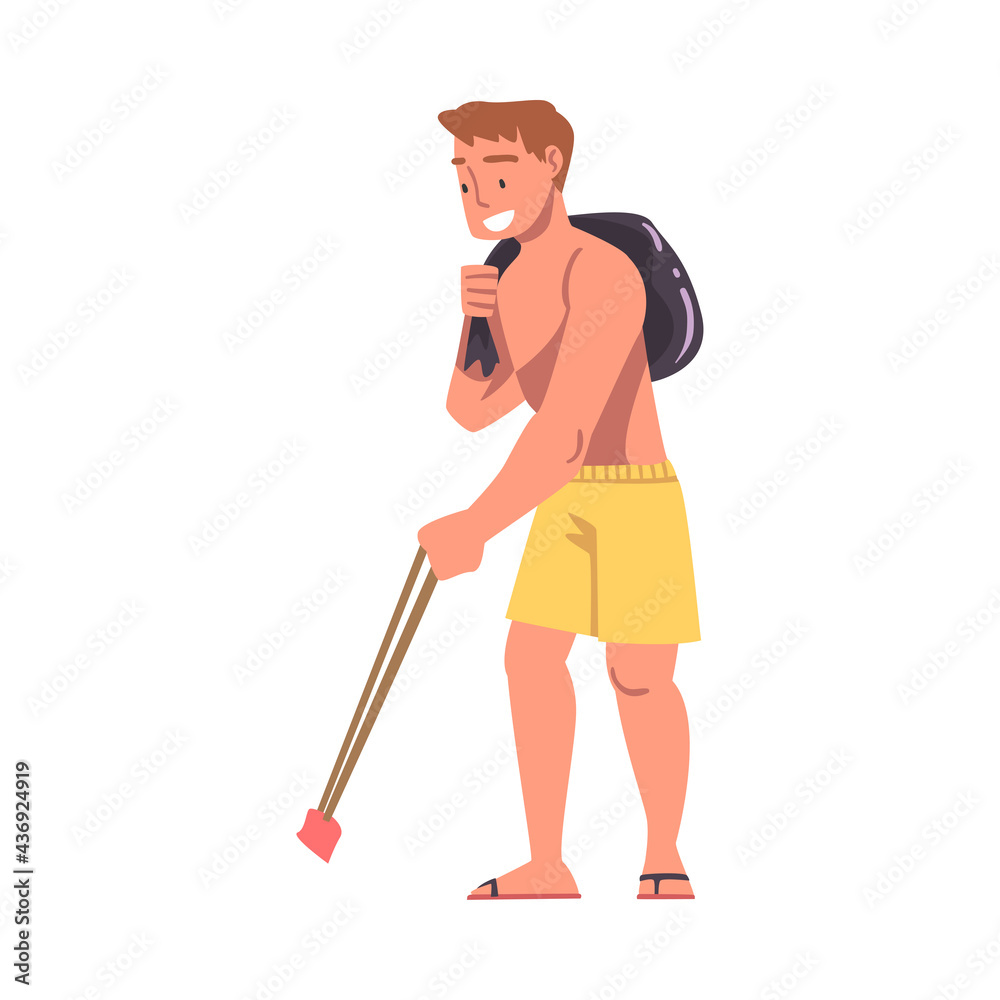 Man Volunteer Collecting Trash into Bag on Beach, Pollution of Nature, Ecology Protection Concept Cartoon Vector Illustration Man Volunteer Collecting Trash into Bag on Beach, Pollution of Nature, Ecology Protection Concept Cartoon Vector Illustration