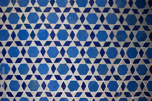 mosaic jewish ornament shades of blue wall decor of the synagogue in the old town of Marrakesh