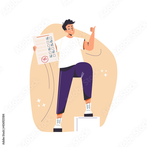 Education, studying, childhood, new level concept. Young happy cheerful smiling boy pupil character standing with test exam results showing thumbs up. Successful goal achievement and back to school.