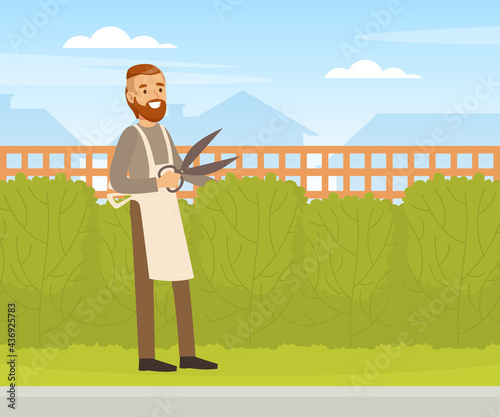 Young Man Trimming Hedge with Shears, Male Gardener Working in Garden Vector Illustration