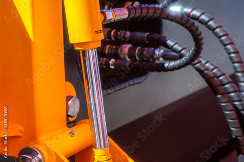 Hydraulic piston system for bulldozers, tractors, excavators, chrome plated cylinder shaft of yellow machine, construction heavy industry detail