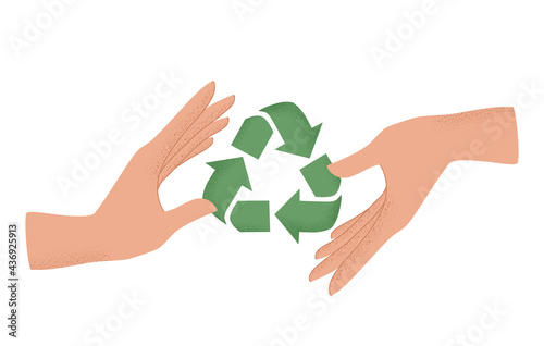 Vector illustration of human hand holding Recycle symbol. Concept of World Environment Day, Save the Earth, sustainability, ecological zero waste lifestyle, nature protection