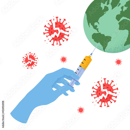 Vector illustration of doctor hand with syringe making injection, Earth globe and destroyed Coronavirus isolated on white background. Concept of vaccination, Immunization, fight against Covid-19