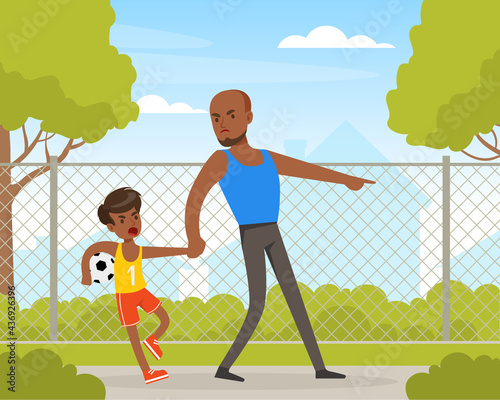 Father Scolding Disobedient Boy Who Playing Ball on Playground Cartoon Vector Illustration