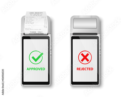 Vector Realistic Black 3d Payment Machine, Receipt. POS Terminal Set Isolated. Approved, Rejected Payment. Design Template of Bank Payment Terminal, Mockup. Processing NFC Payments Device. Top View
