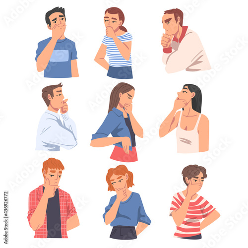 Young People Thinking or Solving Problems Set, Portraits of Thoughtful Men and Women with Pensive Face Expression Cartoon Vector Illustration