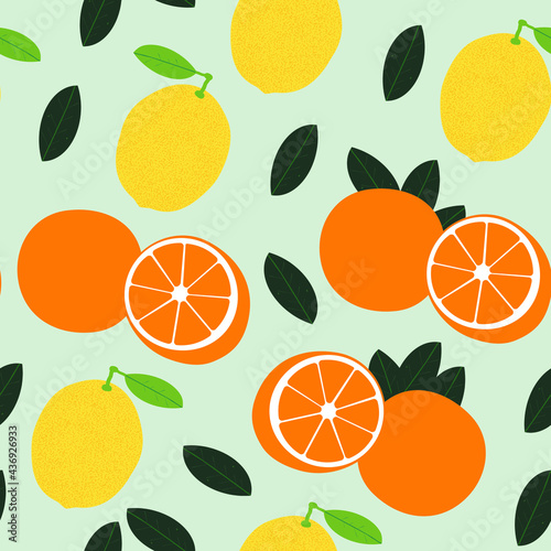 Citrus seamless pattern modern illustration. Lemon and orange fruits with leaves.