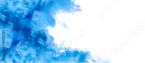 Blue Acrylic Ink in Water. Color Explosion. Paint Texture. Blue abstract banner