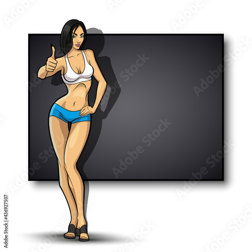 Slim girl on the background of an empty banner. Sexy woman in front of school board. Elegant lady on the background of pure advertising poster